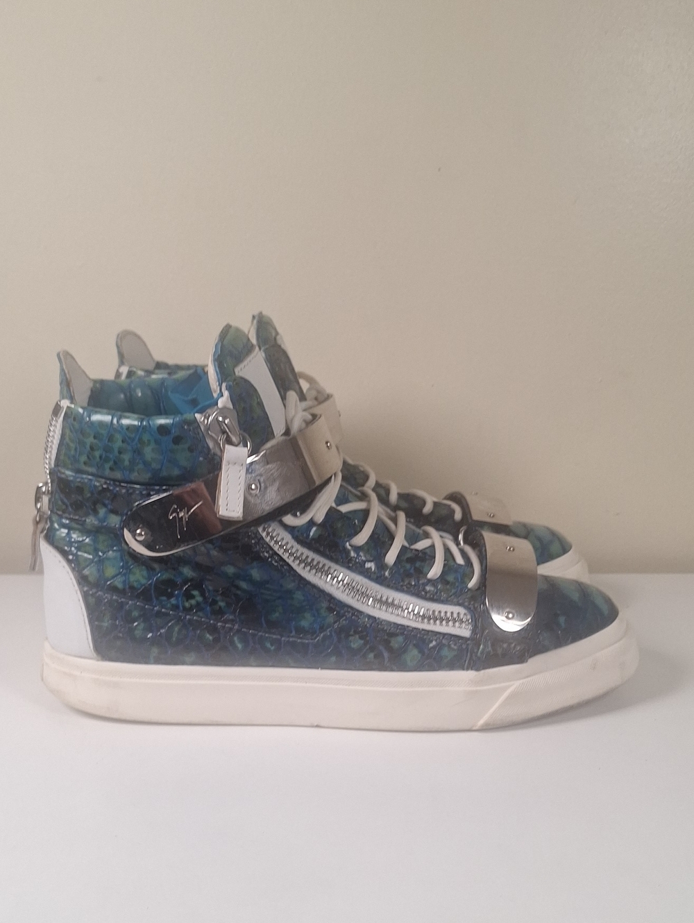Giuseppe Zanotti Python Atlantide Blue High Top Metal Strap Y2K Sneakers